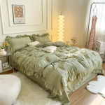 Valge volangidega seersucker &uuml;hekohaline/kahekohaline tekikottide komplekt 3/4 tk pehme roheline, roosa, hall voodipesukomplekt voodilina ja padjap&uuml;&uuml;ridega Fitted Bed Sheet&Twin Size 3pcs