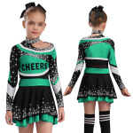 Varsity stiilis cheerleadingi vorm lastele: Pikkade varrukatega litritega topp koolit&auml;he ja kontrastse seelikuga esinemiseks 15-16 Years roheline