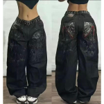 GLYDE Y2K Trendikad Retro Klassikalised Tasku Kolju Mustriga Sirged Denim P&uuml;ksid Suvised Ameerika Gotii Pesitud Laiad Denim P&uuml;ksid S black