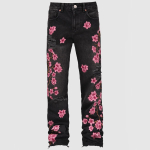 GLYDE Streetwear Gootilised Kirsipuu Tikandiga Teksap&uuml;ksid Y2K R&otilde;ivad Mehed Naised Hip Hop Vintage L&otilde;dvad Teksap&uuml;ksid Madala V&ouml;&ouml;koht Lai Jalg P&uuml;ksid S