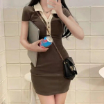 Harajuku Kootud Kooli T-s&auml;rk Kleit Naiste Korea stiilis Polo Kaelus Bodycon Wrap L&uuml;hikesed kleidid S&uuml;gisvintage XXL gray