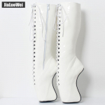 18 cm &uuml;lik&otilde;rge kabja kontsaga balletisaapad Seksikad Fetish SM N&ouml;&ouml;riga ja t&otilde;mblukuga, terava varbaga kiilutallaga p&otilde;lveni ulatuvad saapad 39 valge