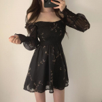 Naiste Seksikas Must Kleit Elastsus Vintage Lilled Pikad puhvis varrukad &Scaron;ifoonist peokleidid Korea minikleit riided 17325 S must