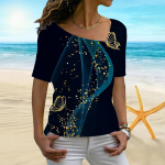 Naiste 3D liblik&otilde;ngaga tr&uuml;kitud ebakorrap&auml;rase kaelusega l&uuml;hikeste varrukatega naiste T-s&auml;rk XS kuld