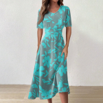 Naiste vabaaja moodne &uuml;mara kaelusega varrukateta lillemustriga ebaregulaarse servaga midikleit L sinine