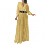 Naiste V-kaela ja v&ouml;&ouml;ga kombinesoon, litrid, lai jalg, s&uuml;gav jalg, &otilde;huke v&ouml;&ouml;koht, pikad varrukad, pidulik pidulik ball L kollane