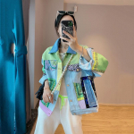 S&uuml;gisene naise &scaron;ikk teksajakk, v&auml;rviline printimine lapit&ouml;&ouml;ga disainer Jean &uuml;ler&otilde;ivaste rev&auml;&auml;rkrae pikkade varrukatega avara t&auml;navar&otilde;ivaste stiilis kauboi mantel L roheline