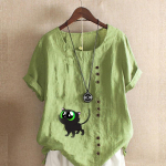 Naiste mood, &uuml;mara kaelusega l&uuml;hikeste varrukatega T-s&auml;rk vabaaja puuvillane linane graafiline s&auml;rk vaba aja avaraks musta kassi prindiga suvepluusiga topsid S roosa