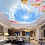 3D Laemaalingud Sinine Taevas Ja Valged Pilved Tapeet Virsiku&otilde;ied Tuvi 3D Seinamaalingud Elutoa Tapeediks 200 cm(W) x 140 cm(H)