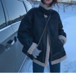 Moodne ja avar lambanahast kasukas naistele, paks ja soe nahkjakk pl&uuml;&uuml;siga daamidele L must