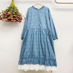 Johnature Jaapani Vintage Print Patchwork pitskleidid Kevadised vabad taskud Volangidega naiste kleit One Size sinine