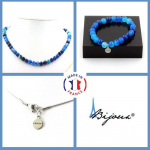 Pierres et Min&eacute;raux. Parure bijoux Bracelet Collier perles Agate ruban&eacute;e bleu 8 mm. Chaine Taille personnalisable.