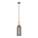 Lampe cylindrique en suspension en verre fum&eacute; mat &Oslash;13 cm et 150 cm de cordon en tissu