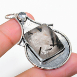 Black Rutile, White Topaz 925 Sterling Silver Jewelry Pendant 2.29 v1z31