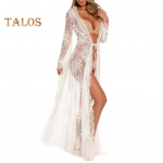 Bikini kampsun pikkade varrukatega paeltega avatud esiosaga pitskleit seksikas puhkusibluus ranna basseini kuumaveeallika pealekate valge