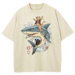 Jaapani distressed Style Cartoon Shark Print naiste T-s&auml;rk Pestud Denim Oversize Unisex Poole varrukatega Otaku Armas Top S