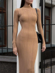 Turtleneck kootud naiste kleidid Seksikad soliidsed k&otilde;rge v&ouml;&ouml;kohaga puusakomplektiga naiste kleit Elegantne pikkade varrukatega &otilde;huke naiste vestid S khaki