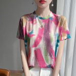 Kevad-suvine mood Renderdatud tr&uuml;kiga l&uuml;hikeste varrukatega l&otilde;dvalt langev vabaaja kootud kampsun &Otilde;huke Tencel poolpikad varrukad XL roosa