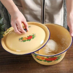 Vanaaegne Nostalgiline Kollane Emailitud Pesukauss 14cm with lid kollane
