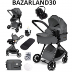 BAZARLAND30.Poussette combin&eacute;e 3-en-1si&egrave;ge auto,nacelle, ultra l&eacute;g&egrave;re (env. 7 kg), habillage pluie, moustiquaire.GRIS/ARGENT hall