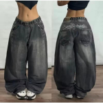 GLYDE Y2K Trendikad Retro Klassikalised Tasku Kolju Mustriga Sirged Denim P&uuml;ksid Suvised Ameerika Gotii Pesitud Laiad Denim P&uuml;ksid S gray