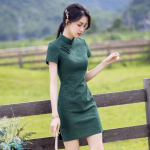Naiste tume roheline moodne Qipao kleit, l&uuml;hikeste varrukatega Hiina stiilis Cheongsam igap&auml;evaseks suveks 2XL roheline