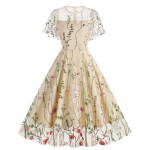 Mood Vintage L&uuml;hikeste Varrukatega Tikandiga &Otilde;htukleit Naised Elegantne &Uuml;mara Kaelusega Vabaaja Suvine Peokleit Naised A-l&otilde;ikelised Vabad Kleidid Daam 24315 S aprikoosi