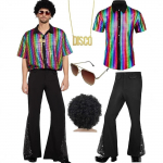 Meeste Klassikaline Vabaaja Retro L&auml;ikiv Diskotantsu Esitusriiete Komplekt S&auml;rk N&ouml;&ouml;pidega Eest ja Laienevad P&uuml;ksid V&otilde;rkdetailidega ning Afro Parukas ja P&auml;ikeseprillid L