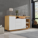(=316176177ZAA)Multifunktsionaalne kummut, Pikkus 140 cm, Valge ja Puiduimitatsioon - 2 ust, 3 sahtlit, 2 avatud riiulit, LED-valgustusega 140 x 40 x 70 cm