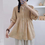 Johnature vintage linasest naiste s&auml;rgid suvised Mori drapeed, &uuml;herealised, l&uuml;hikeste varrukatega naiste 3 v&auml;rvi topid pluusid One Size khaki