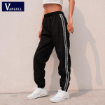 VANGULL Br&auml;ndi Side Stripe Letter dressip&uuml;ksid Naiste Spring Stretch High Waist Streetwear Cargo Jogger Harem P&uuml;ksid S must