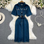 Suvine naiste teksakleit Vintage l&uuml;hikeste varrukatega polo kaelusega v&ouml;&ouml;koht &otilde;huke keskmise pikkusega teksas&auml;rkkleit M tumesinine v&auml;rv