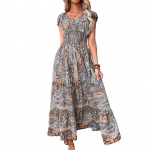 Suvine s&uuml;gav V-kaelusega l&uuml;hikeste varrukatega maksikleit Bohemia v&auml;rvilise tr&uuml;kiga elastne k&otilde;rge v&ouml;&ouml;kohaga volangidega &otilde;mmeldud all&auml;&auml;r A-jooneline rannakleit 2XL armee roheline v&auml;rv