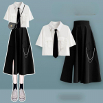 Magus lahe &uuml;likond naistele Preppy korea lahtine High Street l&uuml;hikeste varrukatega t&ouml;&ouml;riiete s&auml;rk + pool keha seelik naiste must 2tk komplekt S valge
