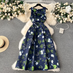 Suvine mood lillevest Midi-kleit naiste varrukateta O-kaelaga, lilleprintiga &otilde;huke pallikleit Naiste kleidid S