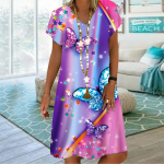 Suvine moodne V-kaelusega kleit daamide l&uuml;hikeste varrukatega lilla kristallliblikaga tr&uuml;kitud kleit naistele lahtine vabaaja kleit XS lilla