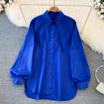 Elegantne Lihtne Pluss Suurus Vabaaja Naiste S&auml;rgid Kevad ja S&uuml;gis Lahtised Laterna Varrukatega Puuvillased Valged Pluusid Naised N&ouml;&ouml;bitavad &Uuml;hev&auml;rvilised S&auml;rgid Top S-5XL 26032 5XL sinine