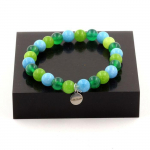 Pierres et Min&eacute;raux. Bracelet Perles Agate verte + Calc&eacute;doine bleu + P&eacute;ridot 8 mm. Fabriqu&eacute; en France.