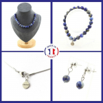 Pierres et Min&eacute;raux. Parure Bracelet Collier Boucles D'oreilles Puces 20 perles Lapis Taille personnalisable. sinine