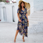 Euroopa ja Ameerika naiste kevadsuvine temperamendiga tr&uuml;kitud v&ouml;&ouml;koha l&uuml;hikeste varrukatega kleit S tumesinine v&auml;rv