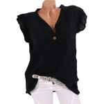 Suvine naiste pluus, volangidega varrukatega, vaba V-kaelusega vabaaja puuvillane ja linane &uuml;hev&auml;rviline T-s&auml;rk Naiste riided igap&auml;evaseks kandmiseks M taevasinine v&auml;rv