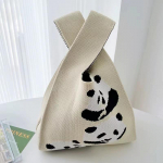 Naiste kootud villast &auml;mbrikott, mitmek&uuml;lgne k&auml;eshoitav vabaaja kandekott, pandapildiga k&auml;ekott One Size