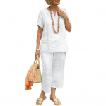 Puuvillane linane kaheosaline puhkekomplekt naistele, lahtise V-kaelusega l&uuml;hikeste varrukatega top, sobivad laiad p&uuml;ksid, suvine vabaaja riietus L