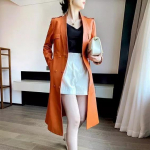 Trenchcoat Pikk Naiste Klassikaline Stiilne Oranž Ehtne Lambanahk Pehme Nahk Unikaalne S oranž