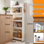 &Uuml;limalt kitsas 10 cm laiune ratastega hoiuriiul k&ouml;&ouml;ki, vannituppa, k&uuml;lmkapi vahesse ja elutuppa. P&otilde;randal seisav k&auml;ru.