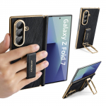 Oatsbasf Nahast Telefonikott Samsung Galaxy Fold 7 jaoks Rihma ja Statiiviga Metallist 360&deg; P&ouml;&ouml;rlev Fold 7 Kaanega Kaitseraua Katte Galaxy Z Fold7 must
