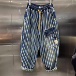 Suurused Vertikaalse triibuga Cargo Denim Isa p&uuml;ksid Unisex Suvine Elastne v&ouml;&ouml;koht Trendikas Br&auml;nd L&uuml;hikesed Laiad p&uuml;ksid M sinine