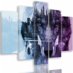 Feeby Five piece picture canvas print, Wolf in a forest - violet 100x70 lilla