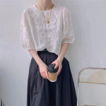 Vabaaja mullivarrukatega vabad topid Mood Tikitud siidist naiste pluus O kaelusega Suvelilled Sifonki s&auml;rgid Valged Blusas 15614 S valge