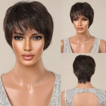 L&uuml;hikesed Pixie Cut s&uuml;nteetilised parukad Pruunid naturaalsed sirge kihiline parukas naistele igap&auml;evaseks kasutamiseks kuumakindel koheva tukuga juukseparukas